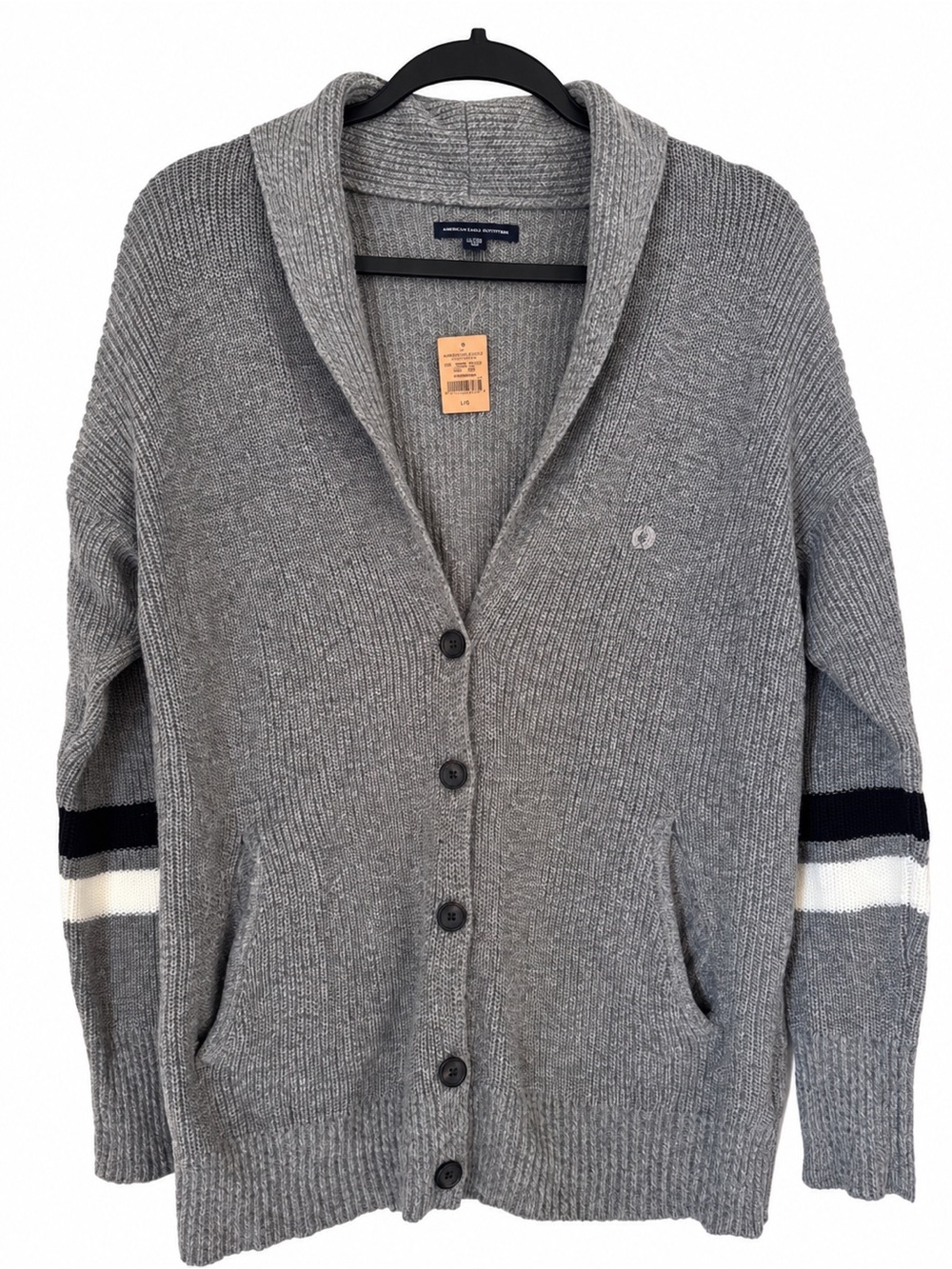 NWT American Eagle Women’s Gray Shawl Collar Cardigan Wool Blend Varsity Stripe